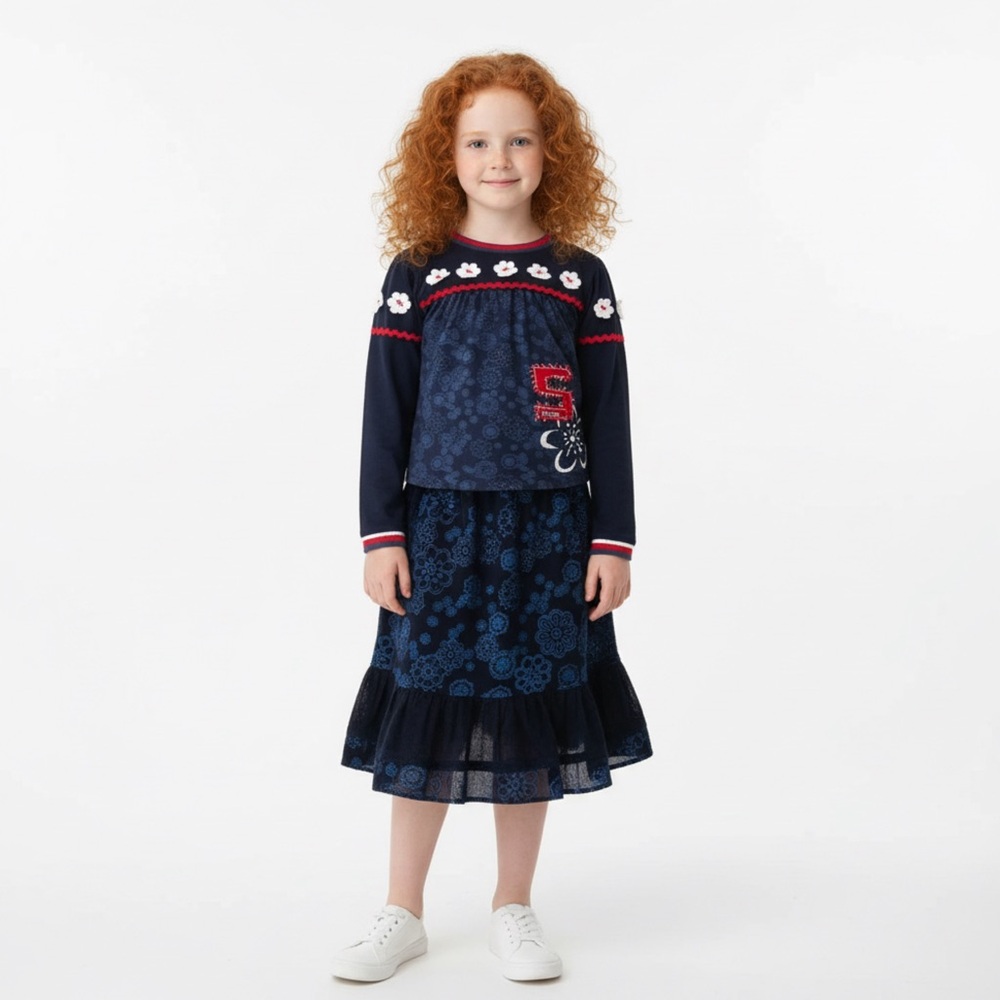 NEW Chevingon Navy Red White Soft‎ Cotton Corduroy Matching Skirt Set sz 4 Girls